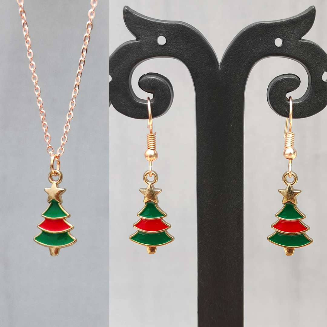 Mini Xmas Tree Rose Golden Christmas Pendant Set (Necklace & Earrings)