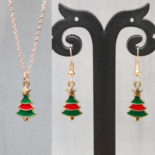 Mini Xmas Tree Rose Golden Christmas Pendant Set (Necklace & Earrings)