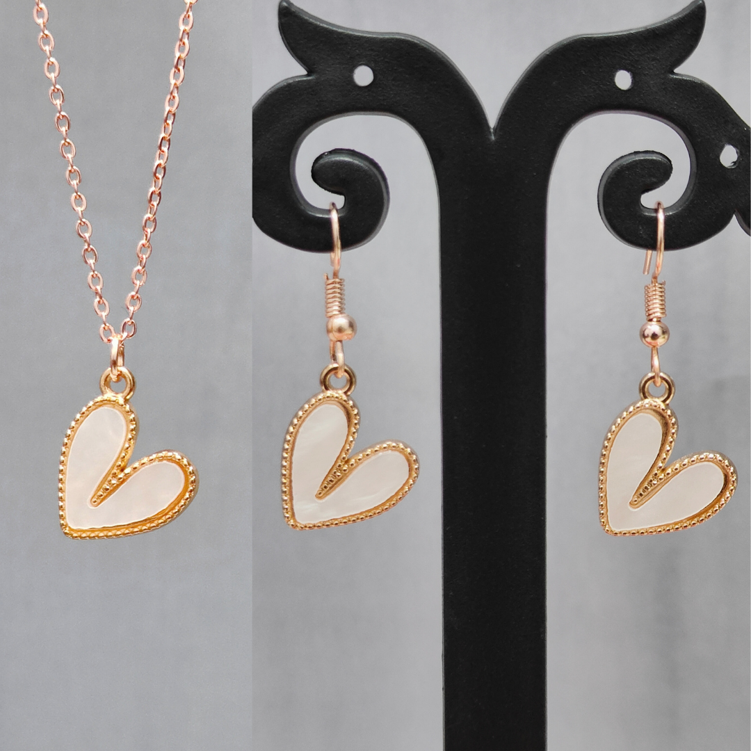 Pearl-Finish White Heart Rose Golden Christmas Pendant Set (Necklace & Earrings)