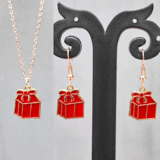 Red Mini Giftbox Rose Golden Christmas Pendant Set (Necklace & Earrings)