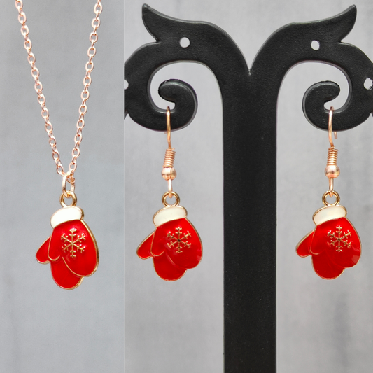 Double Snowflake Gloves Rose Golden Christmas Pendant Set (Necklace & Earrings)