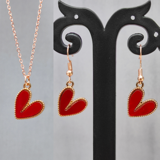 Glossy Red Heart Rose Golden Christmas Pendant Set (Necklace & Earrings)
