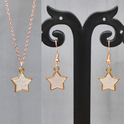 Pearl-Finish White Star Rose Golden Christmas Pendant Set (Necklace & Earrings)