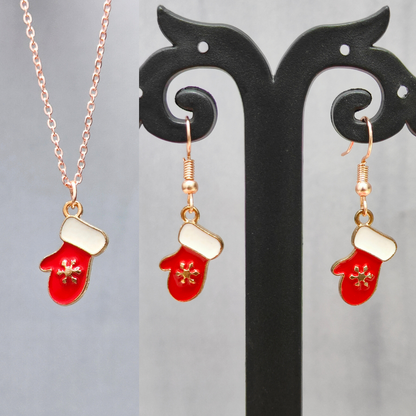 Snowflake Glove Rose Golden Christmas Pendant Set (Necklace & Earrings)