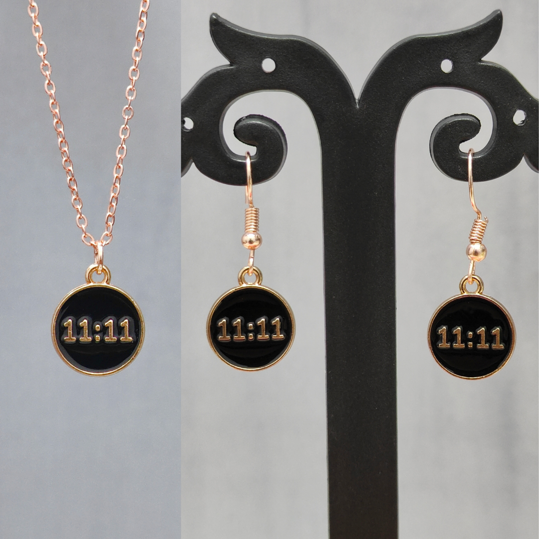 Manifest Black 11:11 Coin Rose Golden Christmas Pendant Set (Necklace & Earrings)