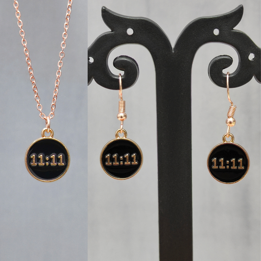 Manifest Black 11:11 Coin Rose Golden Christmas Pendant Set (Necklace & Earrings)