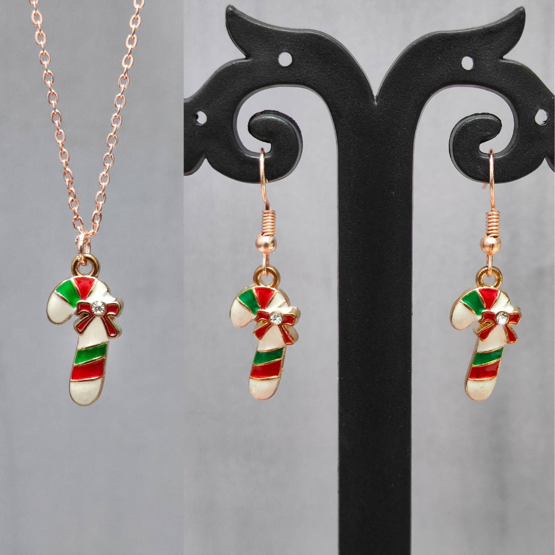 Candycane Rose Golden Christmas Pendant Set (Necklace & Earrings)