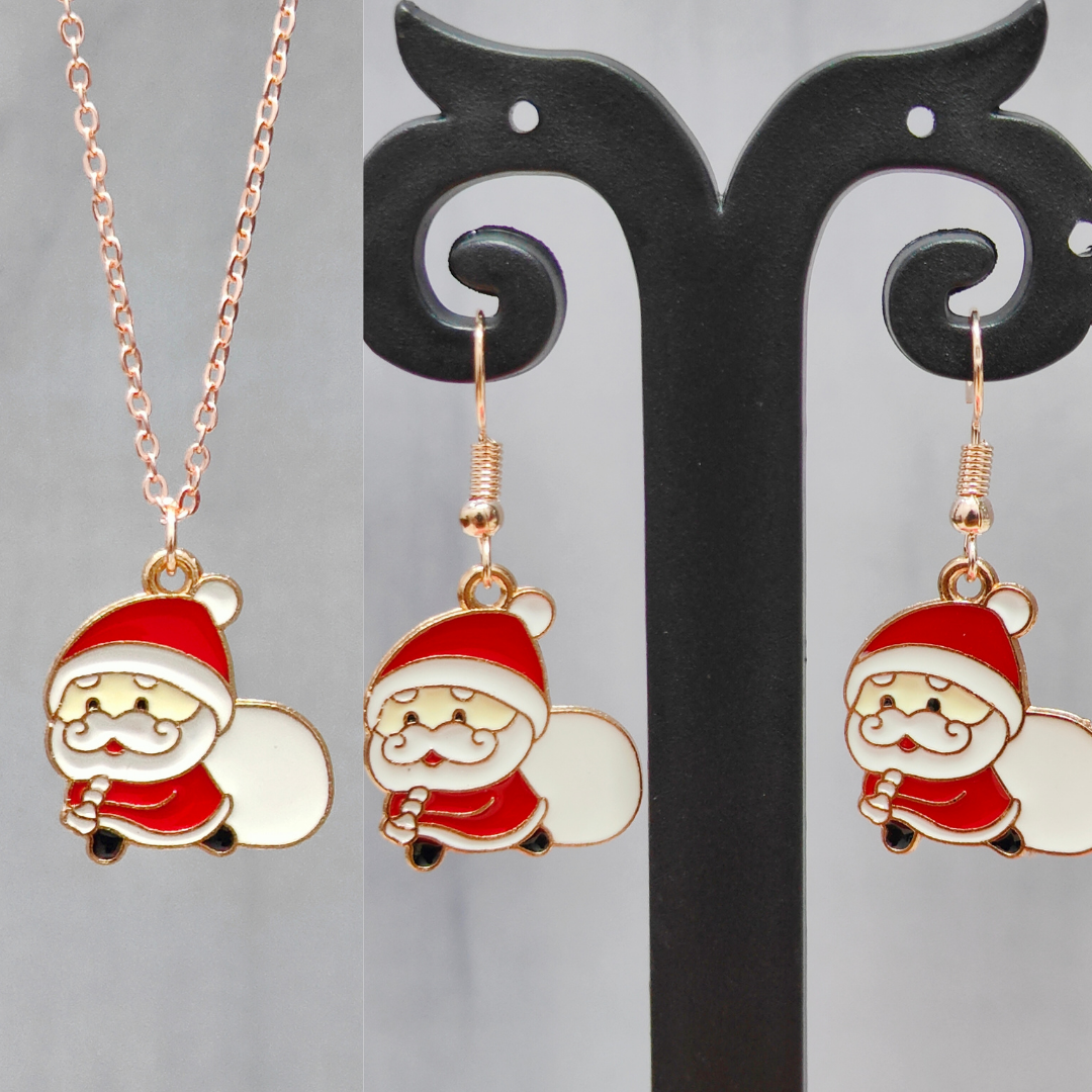 Sneaky Santa Rose Golden Christmas Pendant Set (Necklace & Earrings)