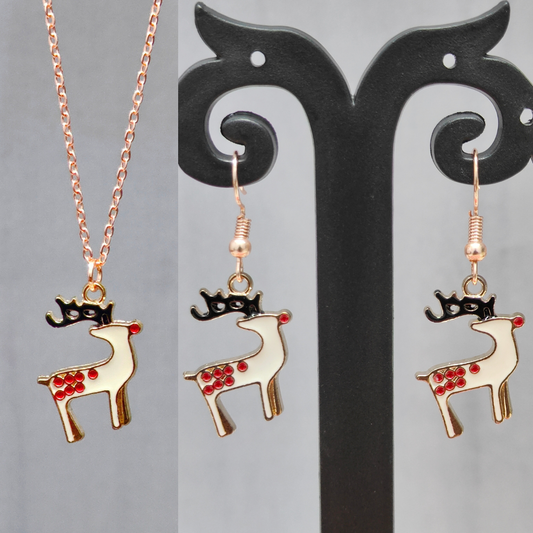 Spotted Reindeer Rose Golden Christmas Pendant Set (Necklace & Earrings)