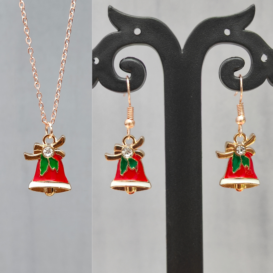 Studded Jingle Bell Rose Golden Christmas Pendant Set (Necklace & Earrings)
