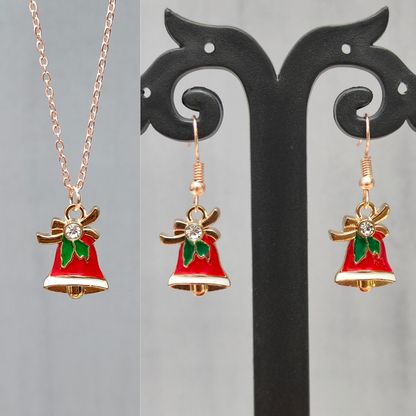 Studded Jingle Bell Rose Golden Christmas Pendant Set (Necklace & Earrings)