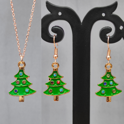 Multicolour Studded Xmas Tree Rose Golden Christmas Pendant Set (Necklace & Earrings)