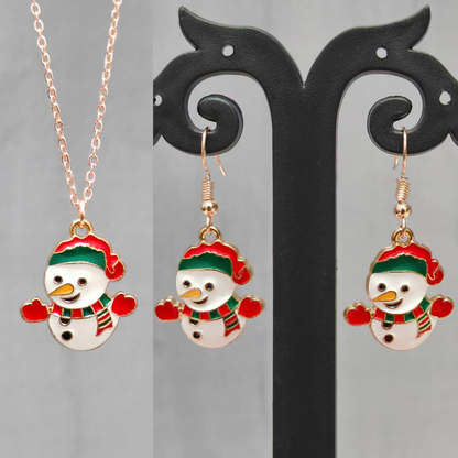 Happy Snowman Rose Golden Christmas Pendant Set (Necklace & Earrings)