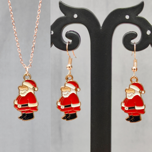 Standing Santa Rose Golden Christmas Pendant Set (Necklace & Earrings)