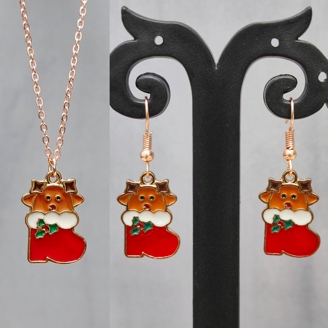 Cute Reindeer Sock Rose Golden Christmas Pendant Set (Necklace & Earrings)