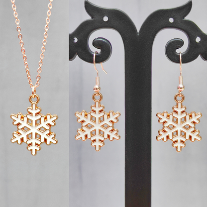 Spiky Snowflake Rose Golden Christmas Pendant Set (Necklace & Earrings)