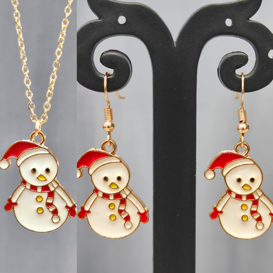 Chonky Snowman Golden Christmas Pendant Set (Necklace & Earrings)