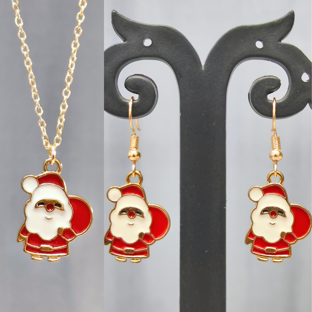Cute Mini Santa Claus Golden Christmas Pendant Set (Necklace & Earrings)