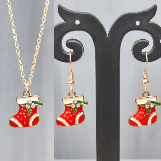 Mini Xmas Sock Golden Christmas Pendant Set (Necklace & Earrings)