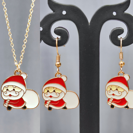 Sneaky Santa Golden Christmas Pendant Set (Necklace & Earrings)