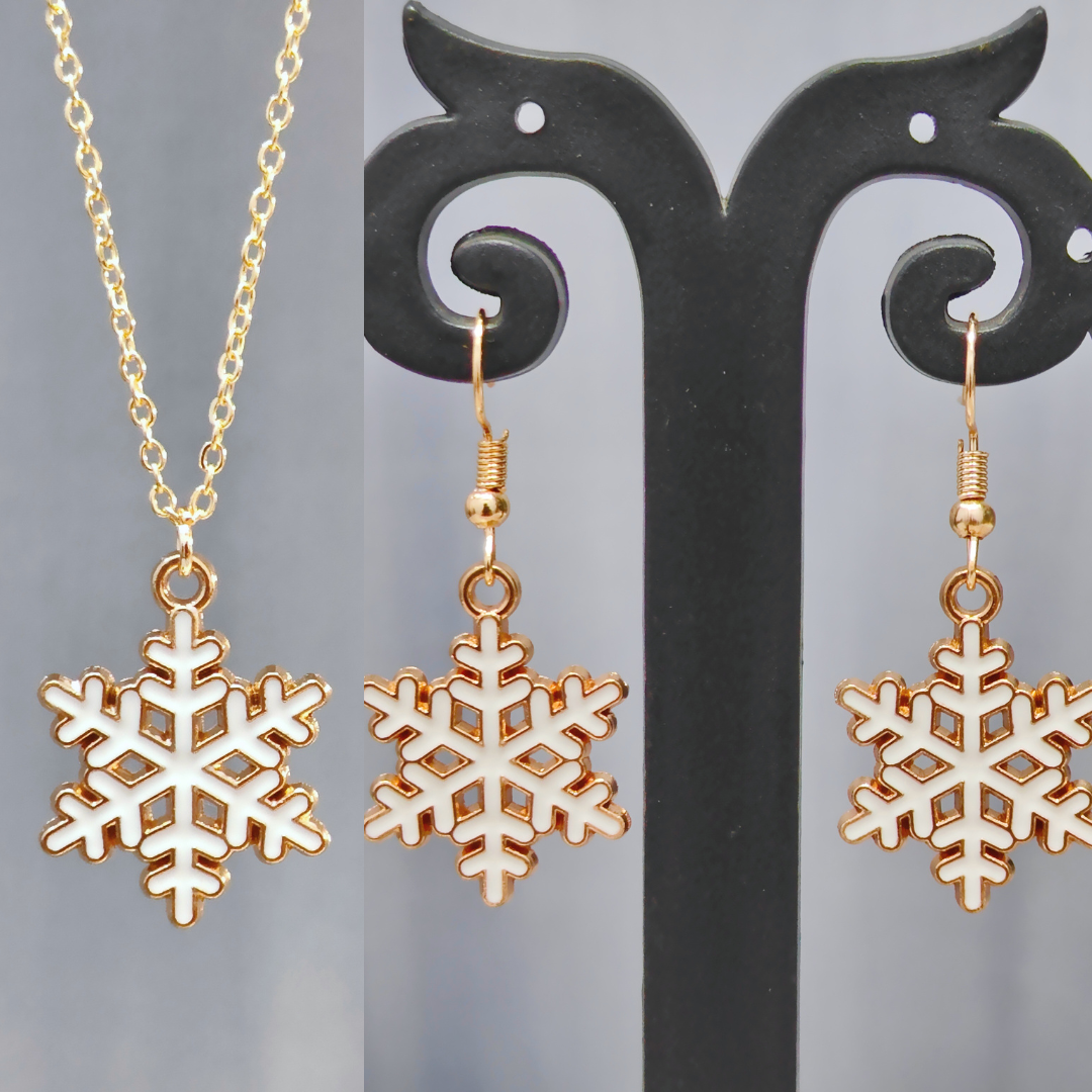 Spiky Snowflake Golden Christmas Pendant Set (Necklace & Earrings)