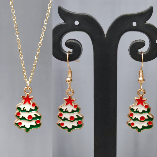 Snowy Xmas Tree Golden Christmas Pendant Set (Necklace & Earrings)