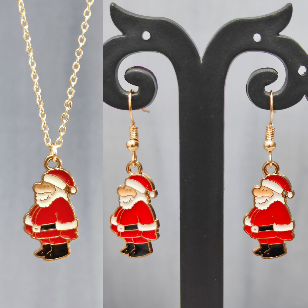 Standing Santa Golden Christmas Pendant Set (Necklace & Earrings)