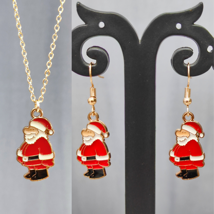 Standing Santa Golden Christmas Pendant Set (Necklace & Earrings)