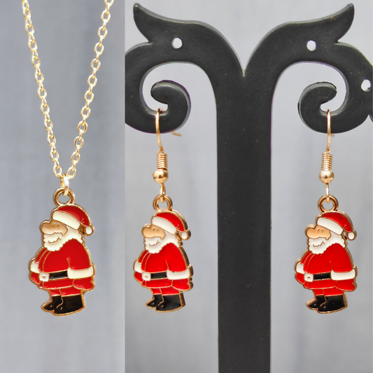 Standing Santa Golden Christmas Pendant Set (Necklace & Earrings)