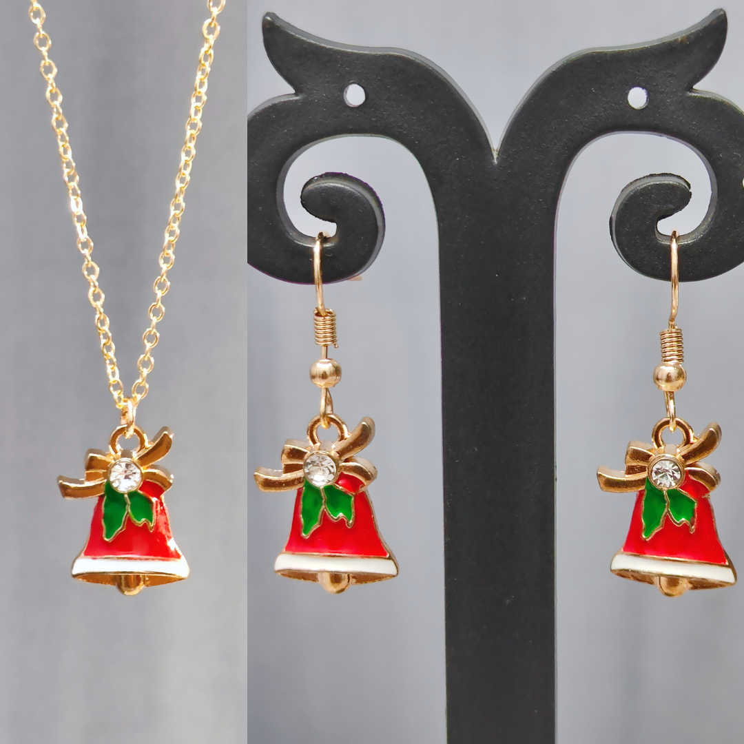 Studded Jingle Bell Golden Christmas Pendant Set (Necklace & Earrings)