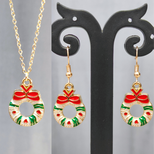 Wreath Golden Christmas Pendant Set (Necklace & Earrings)