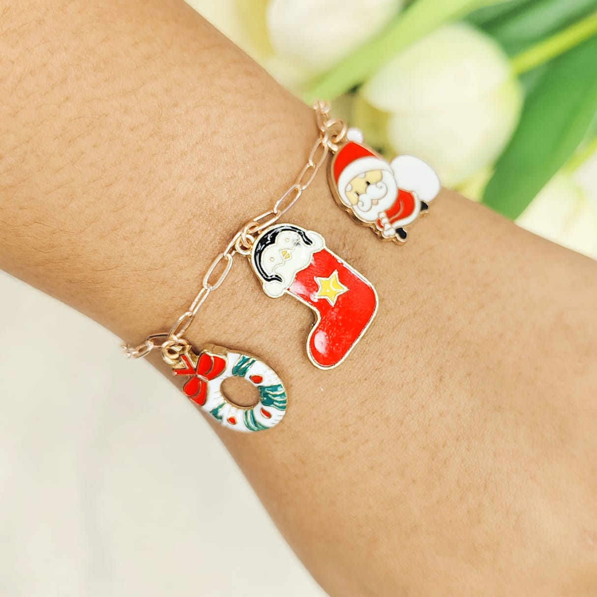 Rose Golden Three Charms Combo Christmas Bracelet (Design 13)