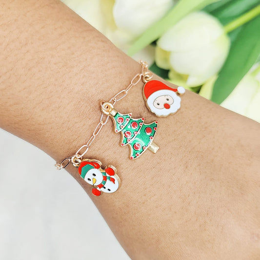 Rose Golden Three Charms Combo Christmas Bracelet (Design 33)