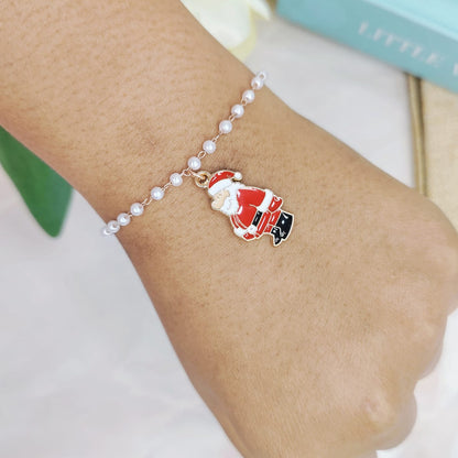 Standing Santa Rose Golden Christmas Pearl Chain Bracelet