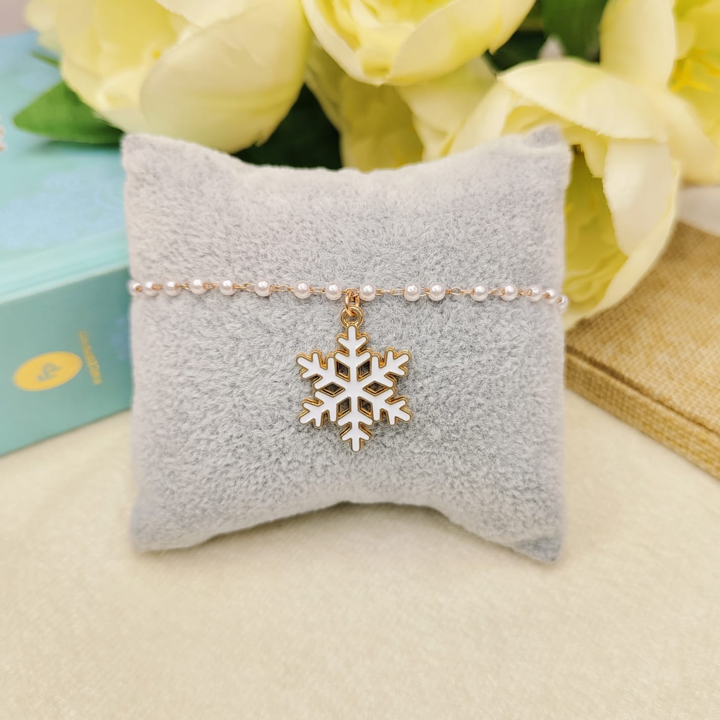 Spiky Snowflake Rose Golden Christmas Pearl Chain Bracelet