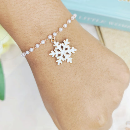Spiky Snowflake Rose Golden Christmas Pearl Chain Bracelet