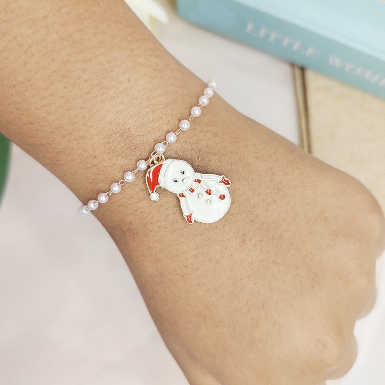 Chonky Snowman Rose Golden Christmas Pearl Chain Bracelet