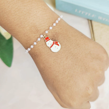 Mini Smiling Snowman Rose Golden Christmas Pearl Chain Bracelet