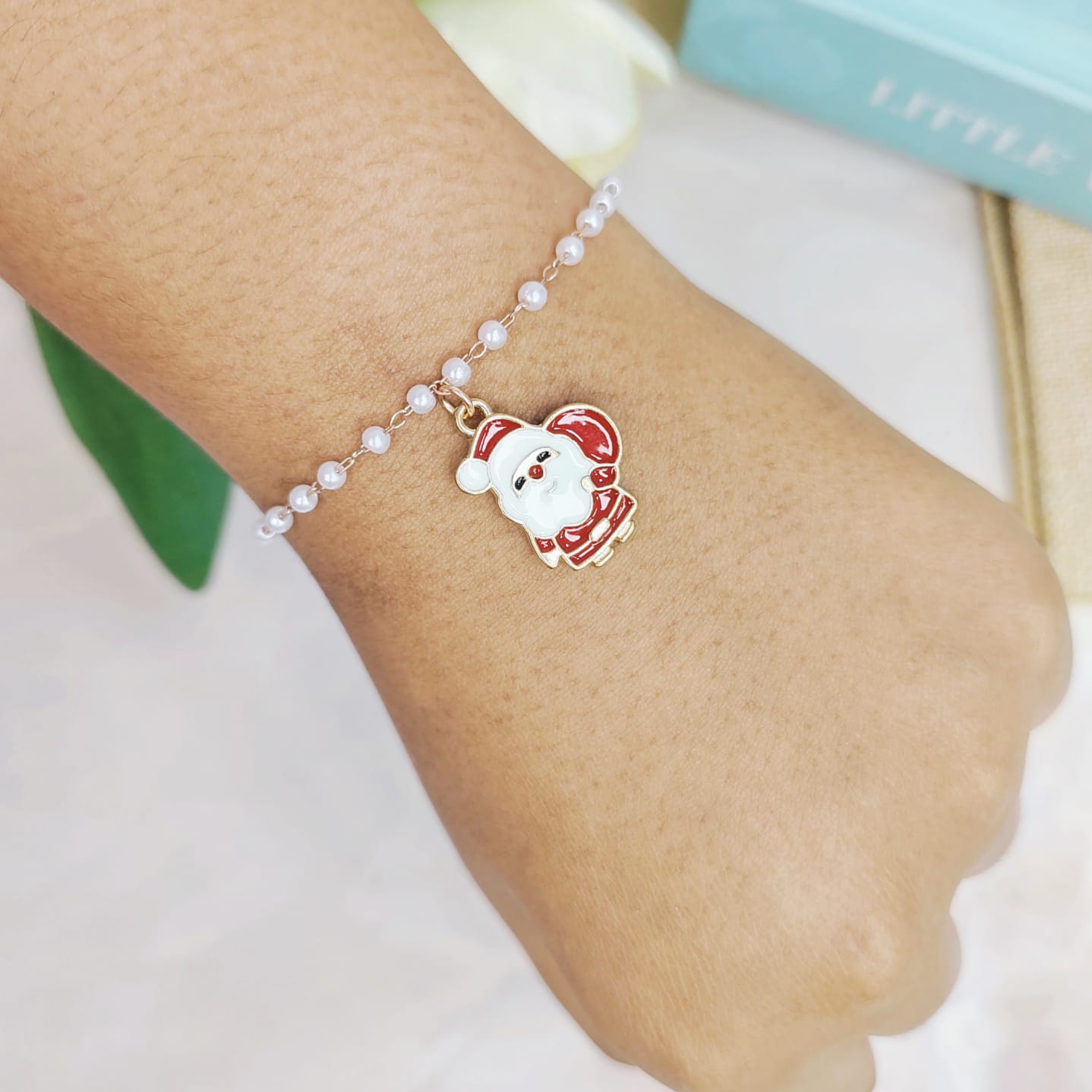 Cute Mini Santa Claus Rose Golden Christmas Pearl Chain Bracelet