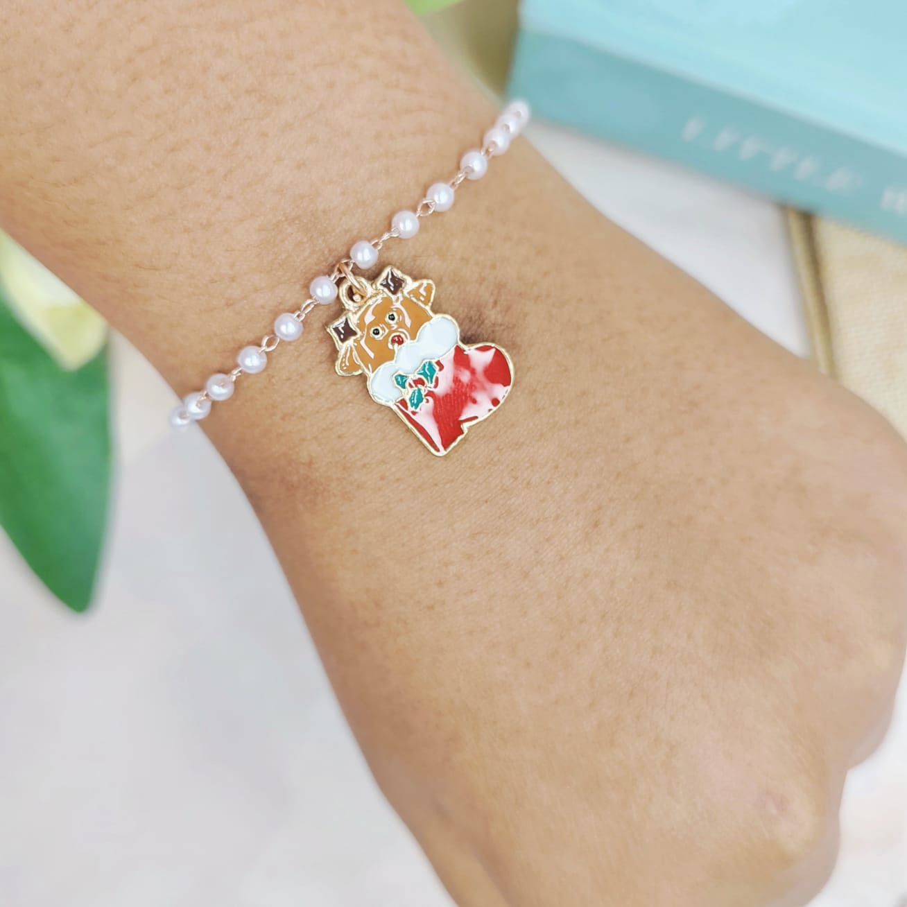 Cute Reindeer Sock Rose Golden Christmas Pearl Chain Bracelet