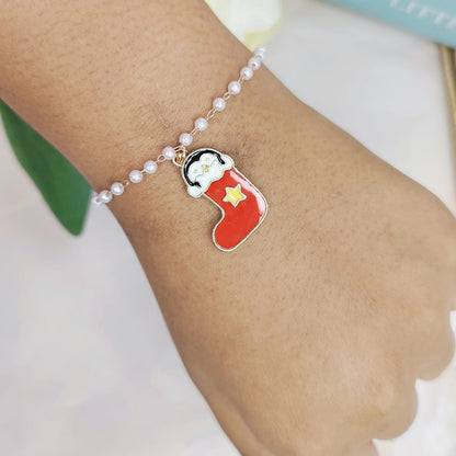 Cute Penguin Stocking Rose Golden Christmas Pearl Chain Bracelet