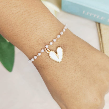 Pearl-Finish White Heart Rose Golden Christmas Pearl Chain Bracelet