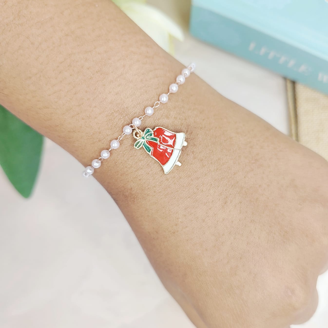 Double Jingle Bells Rose Golden Christmas Pearl Chain Bracelet