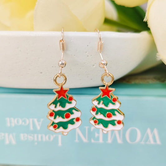 Snowy Xmas Tree Rose Golden Christmas Earrings