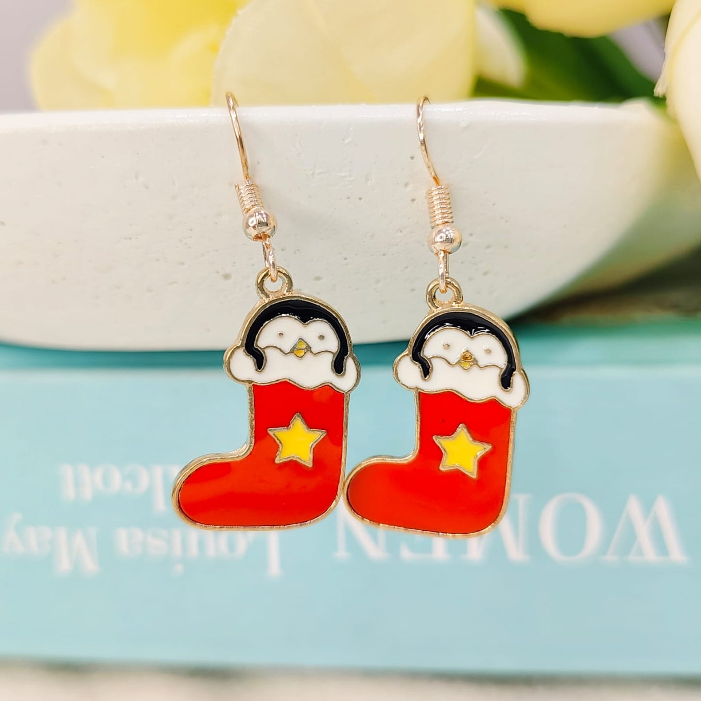 Cute Penguin Stocking Rose Golden Christmas Earrings