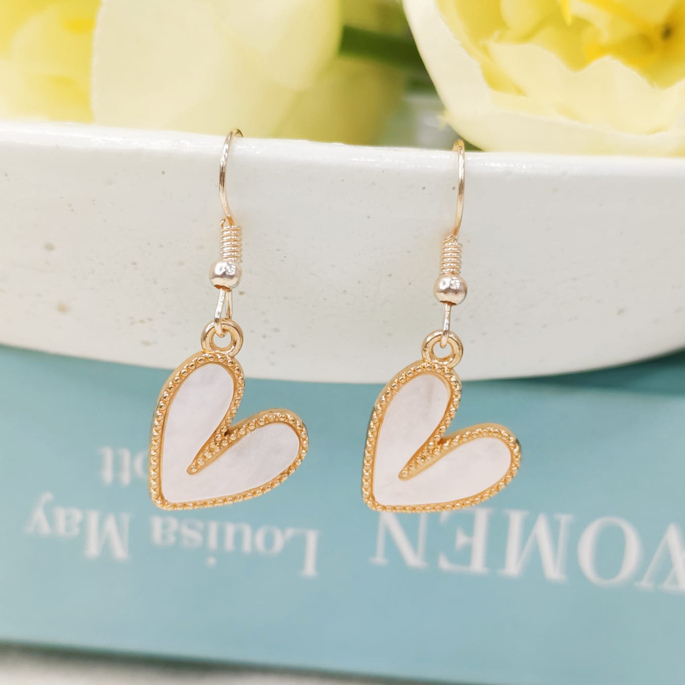 Pearl-Finish White Heart Rose Golden Christmas Earrings