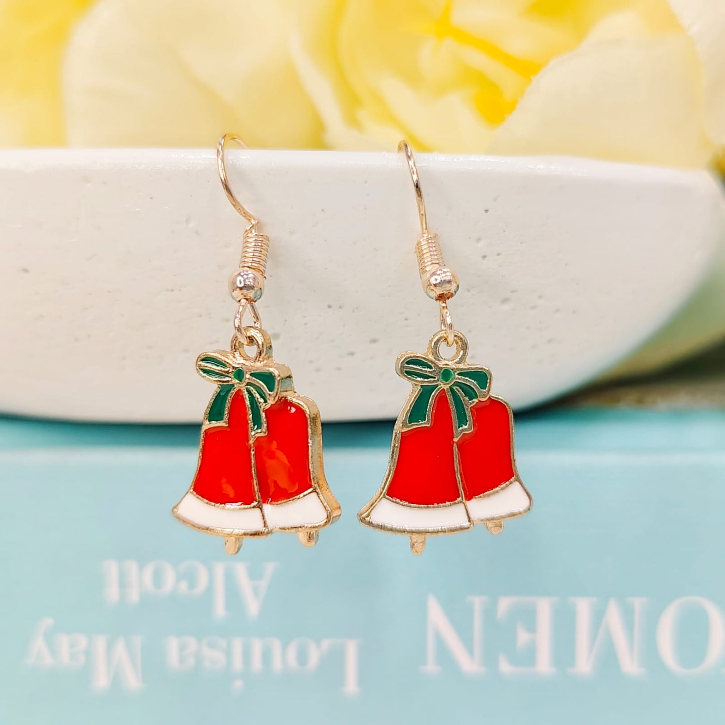 Double Jingle Bells Rose Golden Christmas Earrings