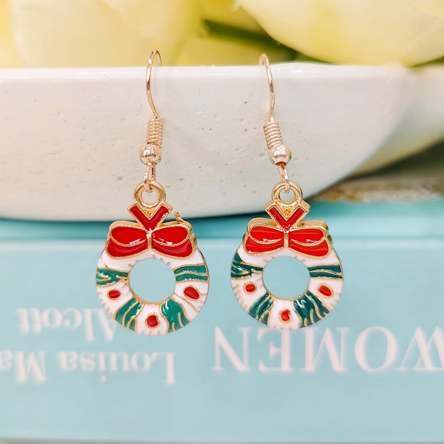 Wreath Rose Golden Christmas Earrings