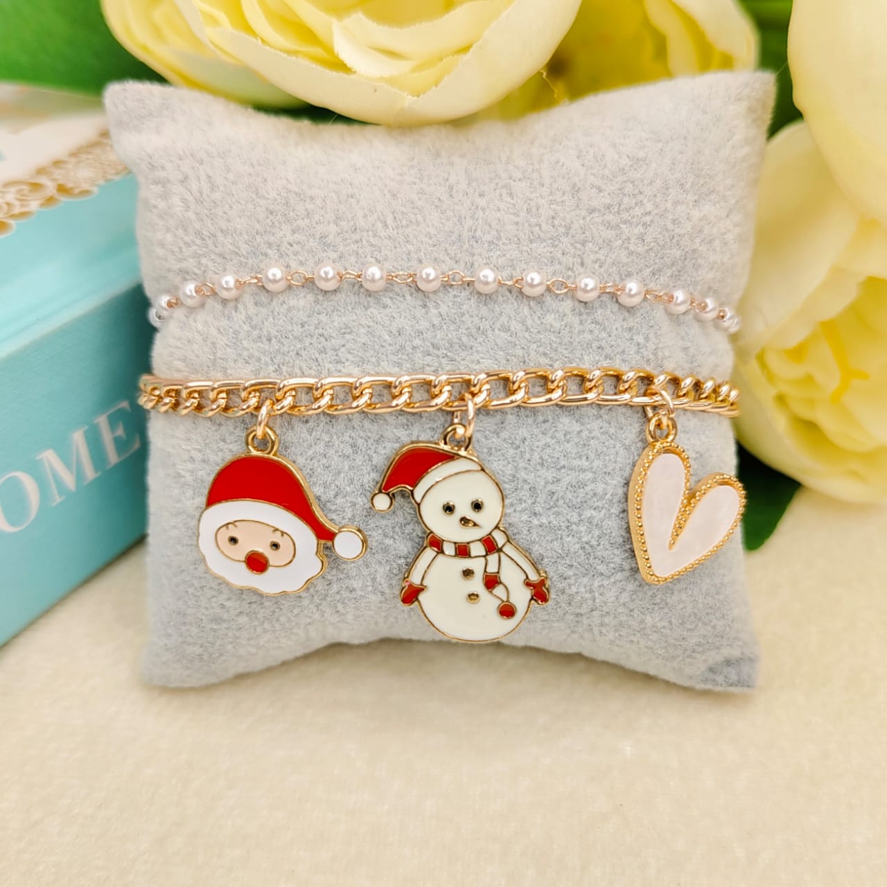 Rose Golden Three Charms Combo Christmas 2-Layer Bracelet (Design 25A)
