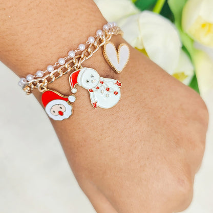 Rose Golden Three Charms Combo Christmas 2-Layer Bracelet (Design 25A)